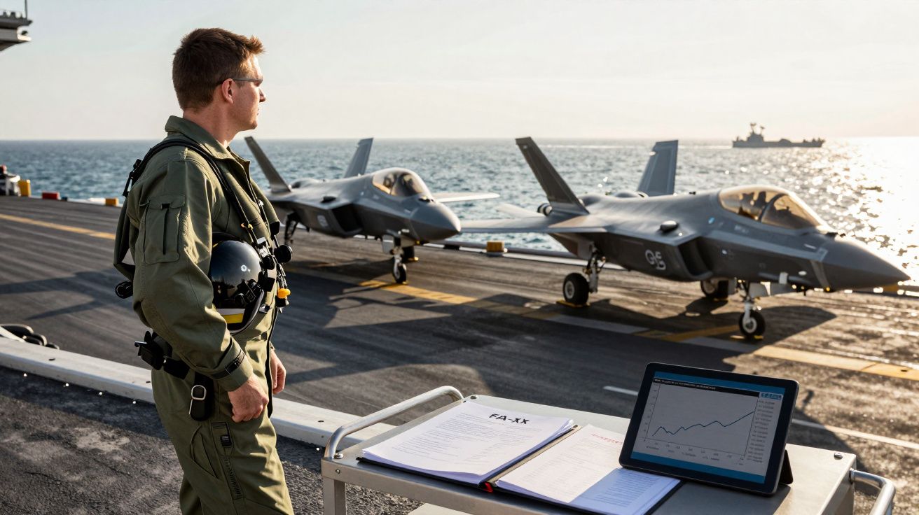 Piloto militar em convés de porta-aviões observa dois caças furtivos F-35 ao pôr do sol.