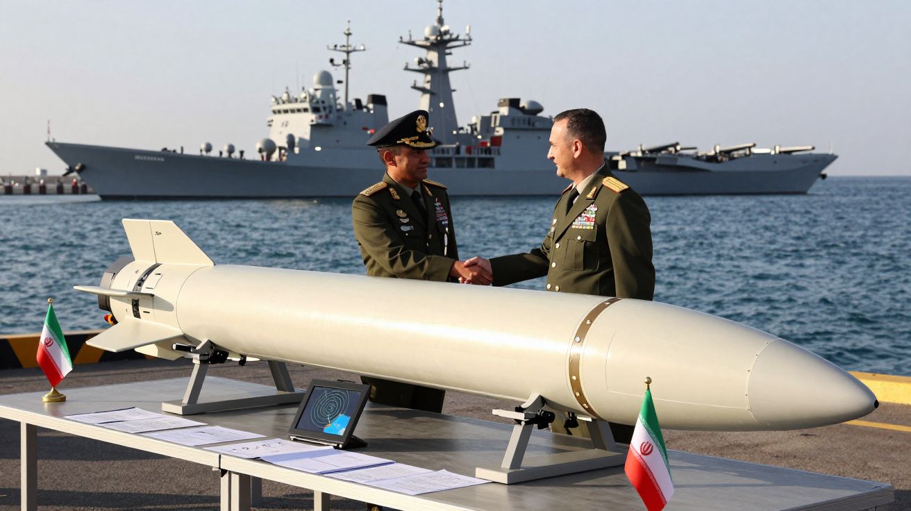 Dois militares apertam as mãos junto a um míssil exposto num cais, com um navio militar no mar ao fundo.