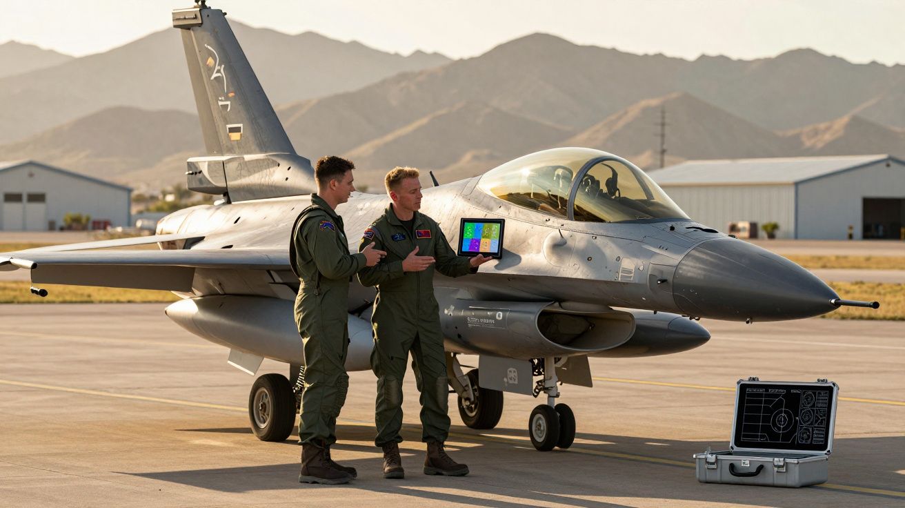 Dois pilotos militares em fato de voo junto a um caça F-16 estacionado num aeródromo com montanhas ao fundo.