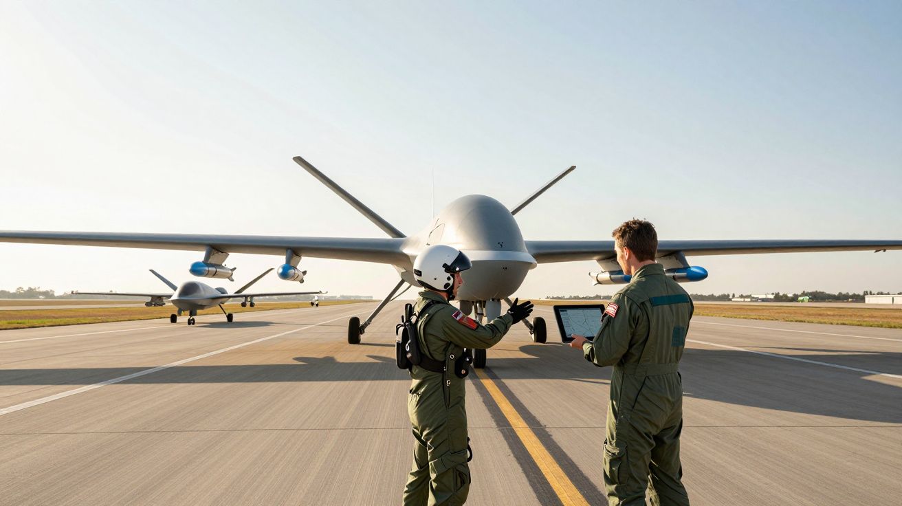Dois militares em fato de voo junto a drones militares numa pista de aeroporto ao amanhecer.