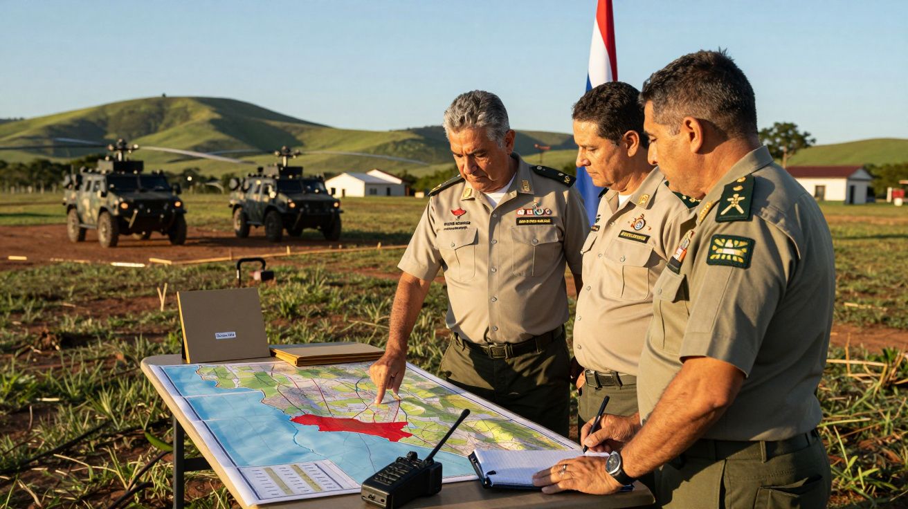 Três oficiais militares observam um mapa colorido numa mesa, com viaturas blindadas e colinas ao fundo.
