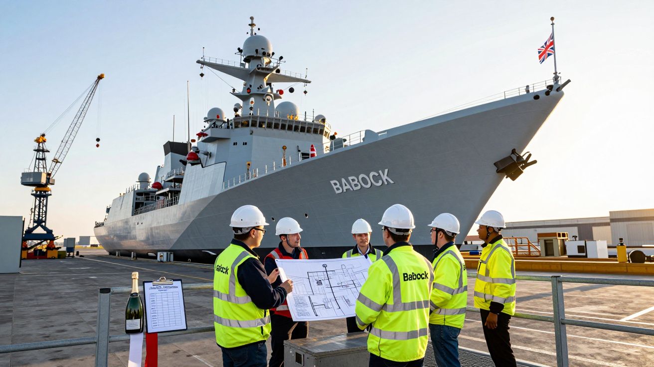 Operários com capacetes e coletes refletivos planeiam junto a um navio de guerra no porto ao pôr do sol.