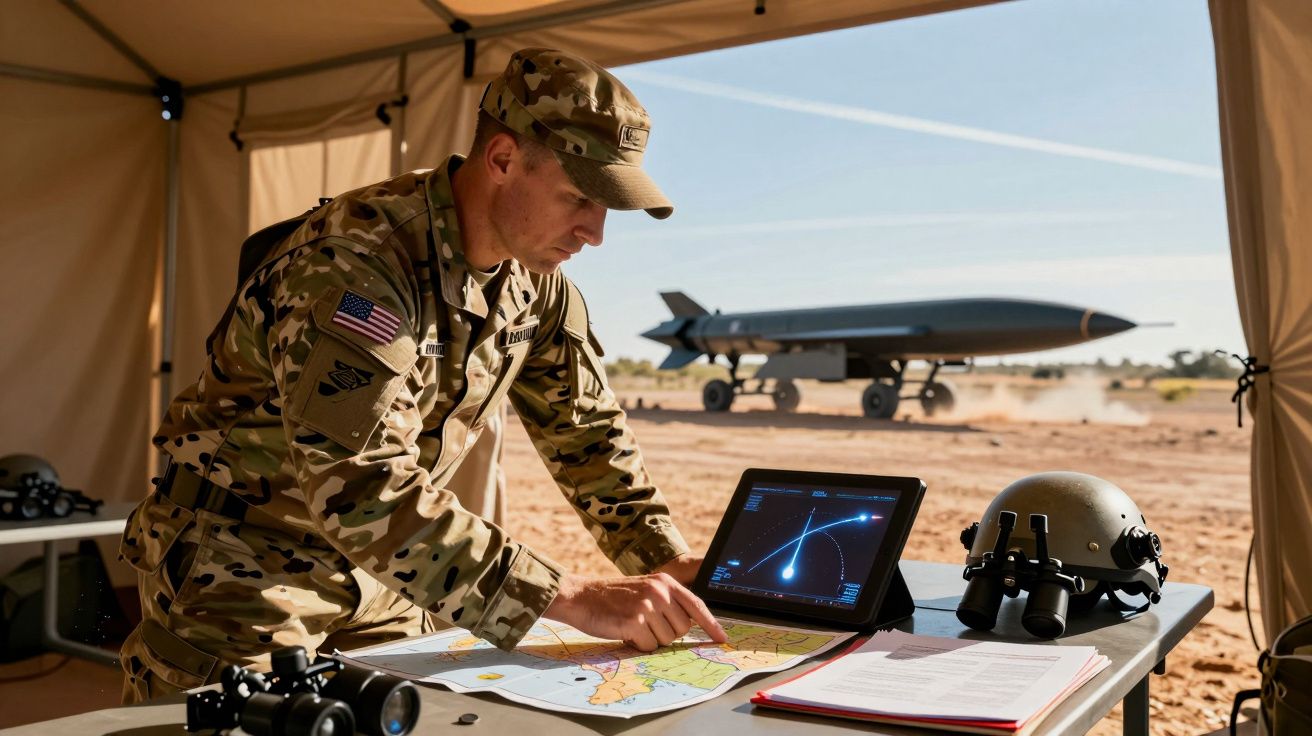 Soldado americano em uniforme militar analisa mapa e monitor com dados num posto de comando em ambiente desértico.