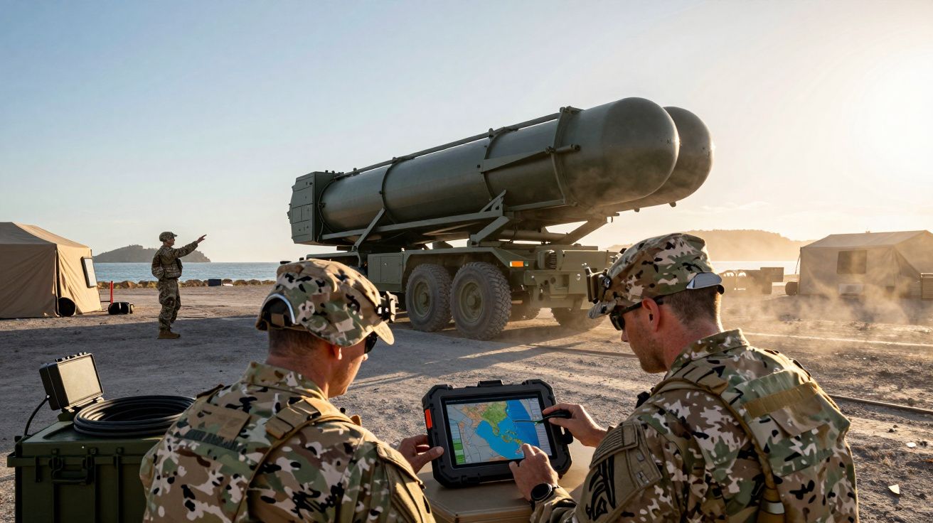 Soldados em uniforme camuflado manuseiam tablet com mapa junto a grande foguete em camião militar em acampamento ao pôr do so