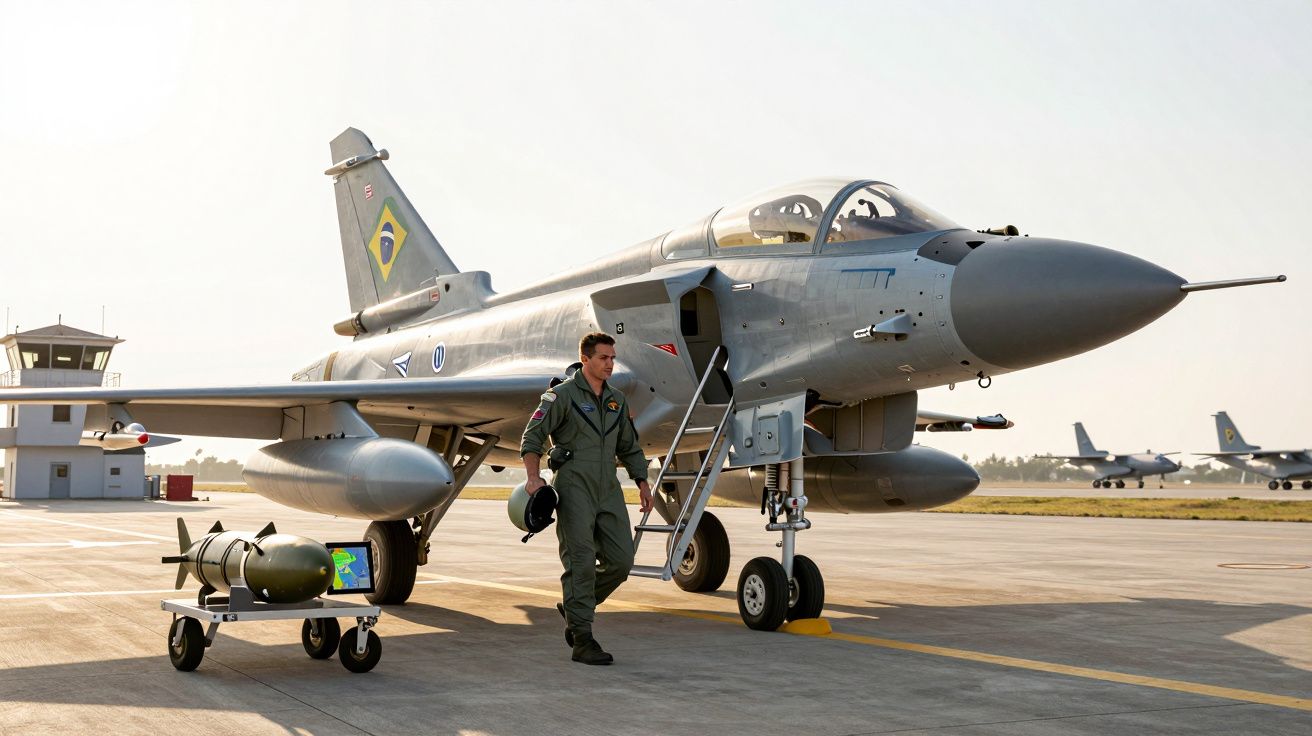 Caça militar brasileiro estacionado em pista com piloto a caminho da aeronave e bomba a seu lado.