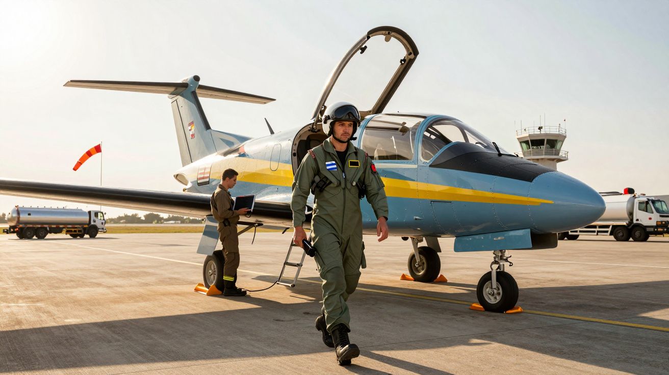 Piloto militar em fato de voo camuflado a caminhar no pátio em frente a avião leve azul com faixa amarela.
