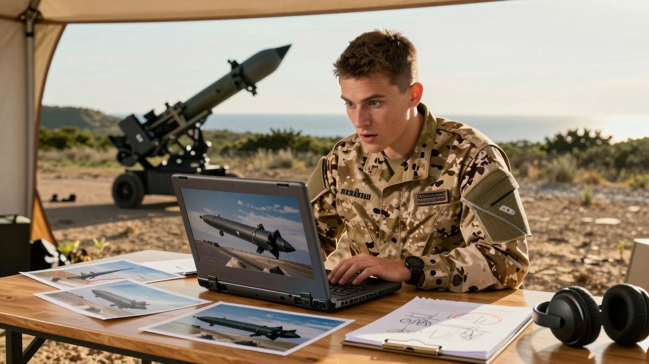 Soldado em uniforme camuflado analisa imagens de míssil num portátil numa base ao ar livre.