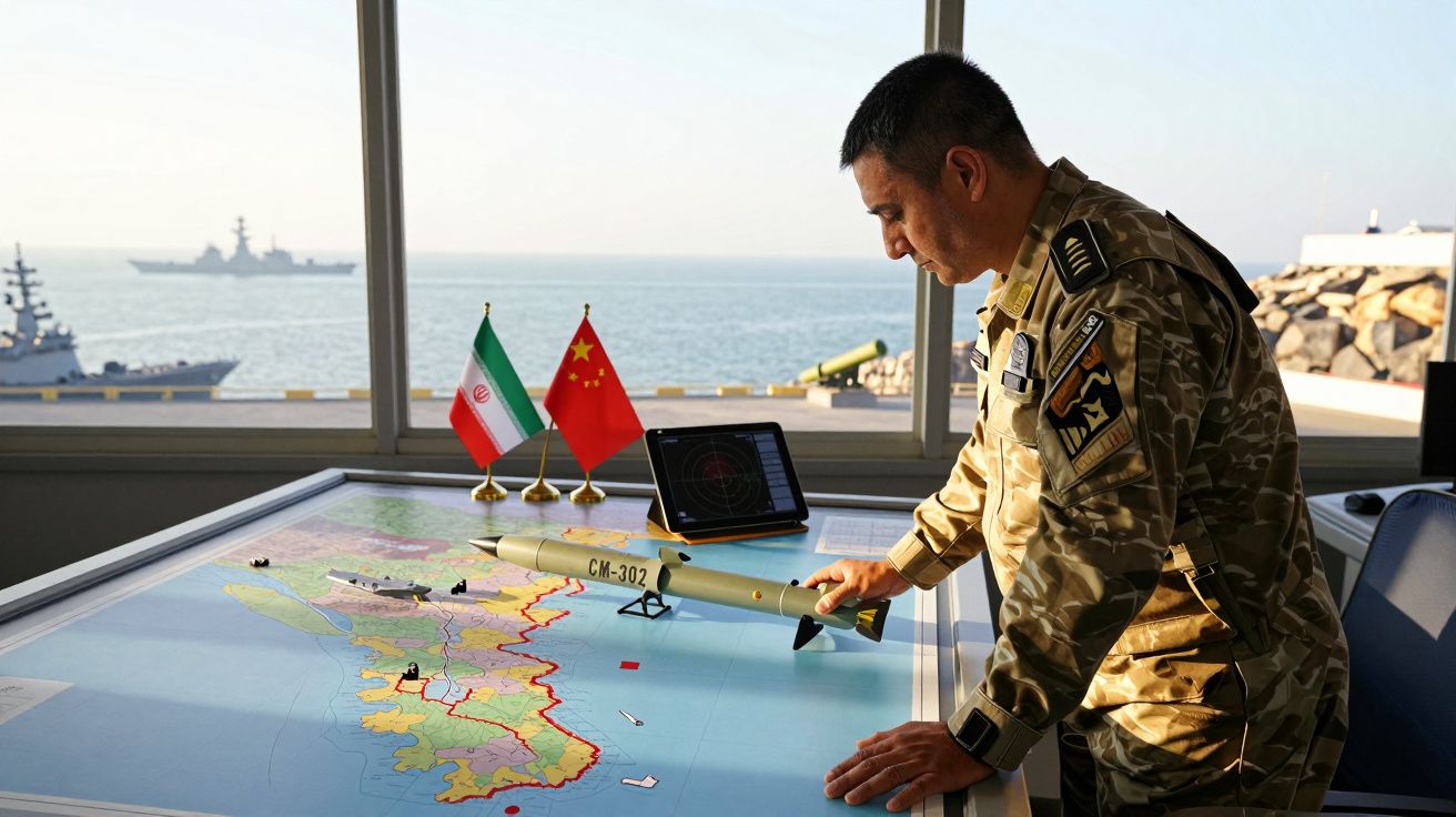 Militar em uniforme camuflado examina modelo de míssil sobre mapa de combate naval com bandeiras da China e Irão.