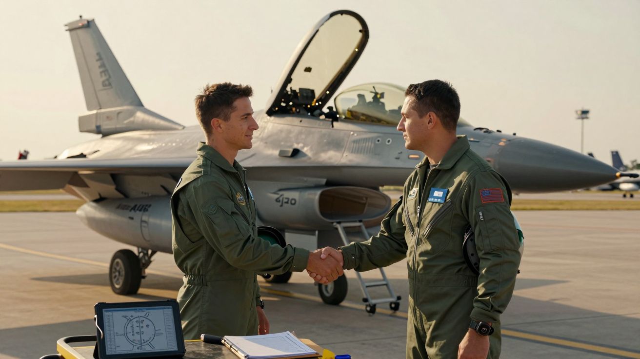 Dois pilotos militares apertam as mãos em pista junto a jato de combate estacionado.