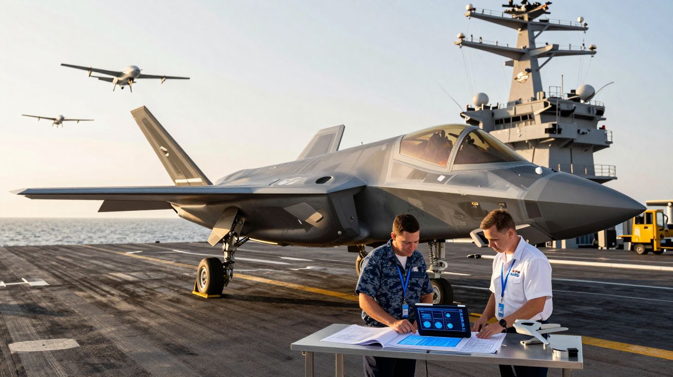 Dois militares numa aeronave de combate estacionada num porta-aviões, com avións a voar ao fundo.
