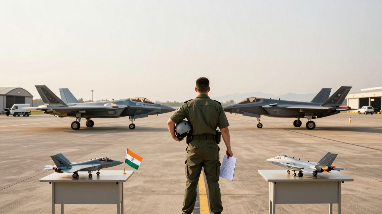 Piloto militar de costas entre dois caças reais e dois modelos em miniatura com bandeira da Índia no chão do aeroporto.