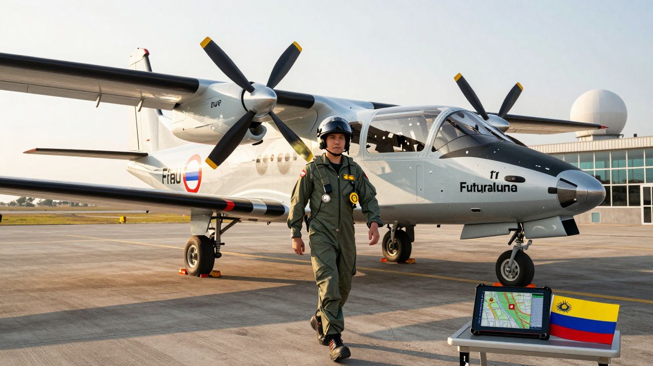 Piloto em fato verde caminha junto a avião bimotor branco numa pista de aeroporto durante o dia.