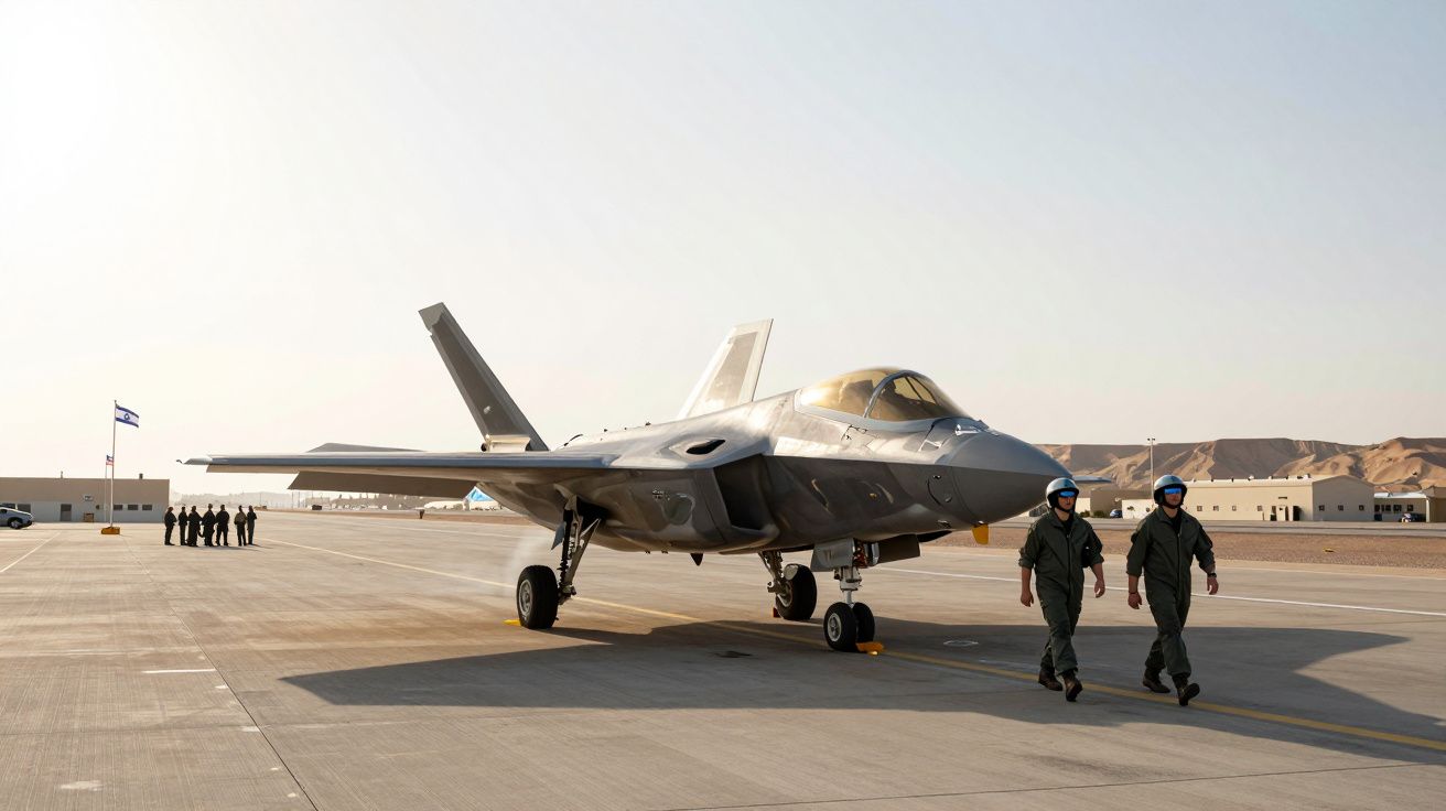 Caça F-35 estacionado numa pista de aeroporto militar com dois pilotos a caminhar ao lado.