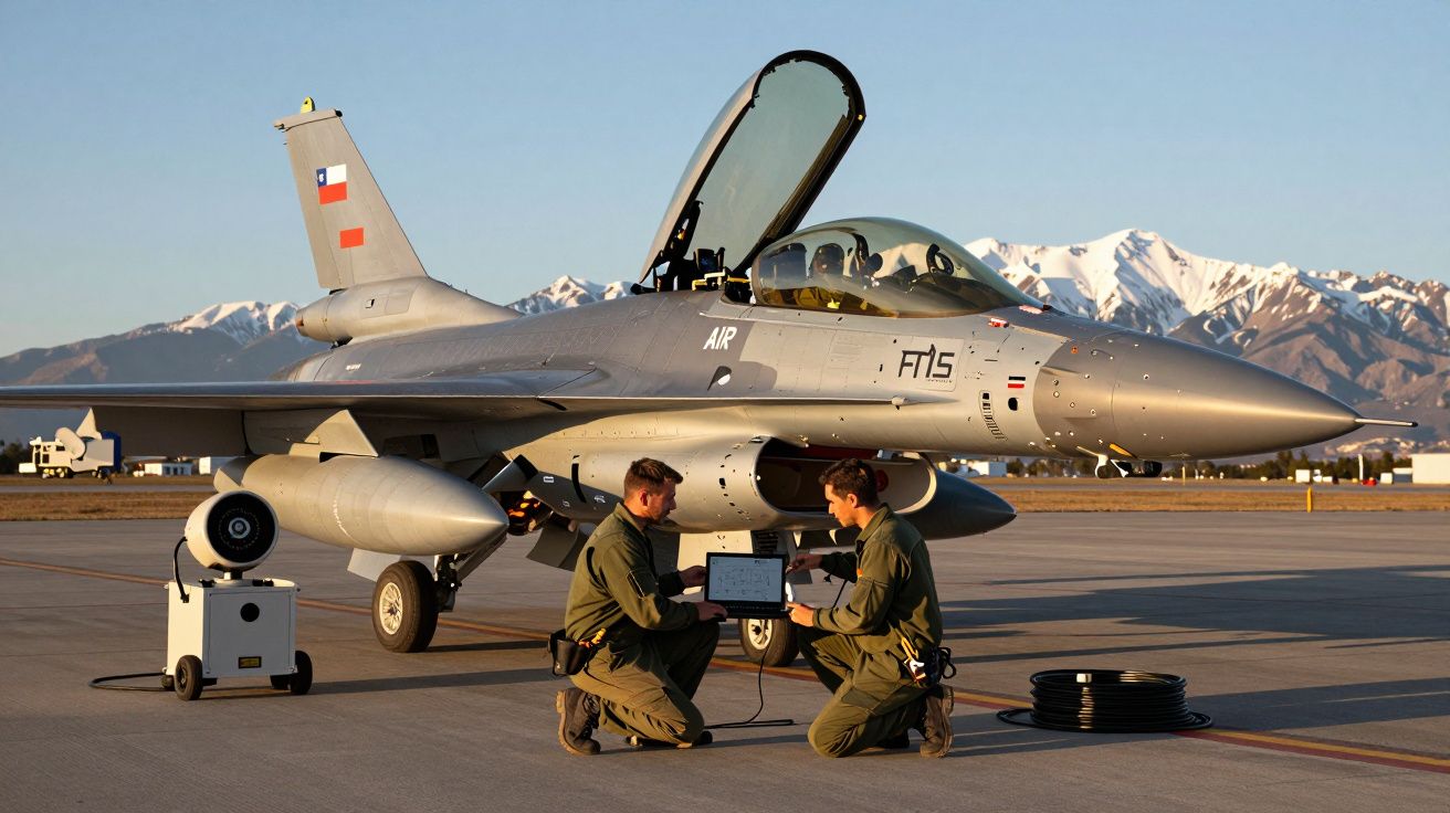 Dois militares em farda verde analisam dados junto a um caça F-16 estacionado numa pista com montanhas ao fundo.