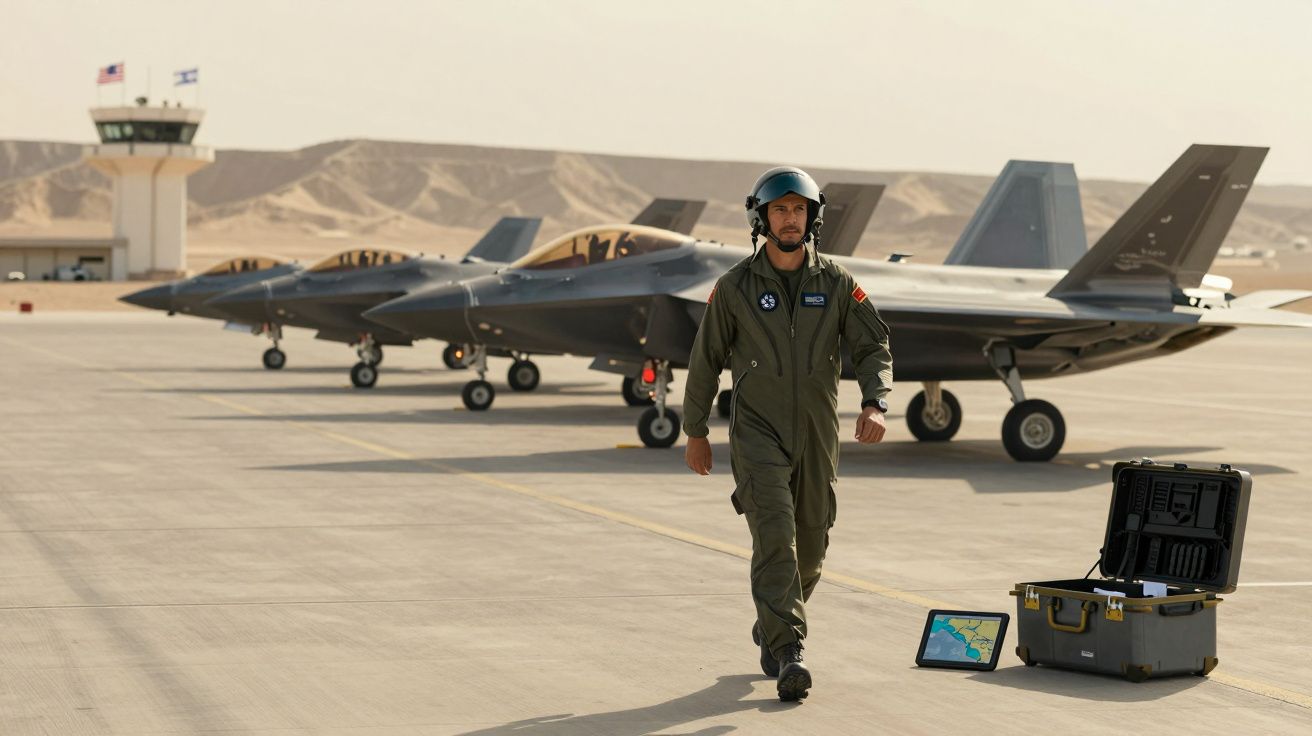 Piloto militar de uniforme e capacete a caminhar em pista com três jatos militares estacionados e equipamento ao lado.