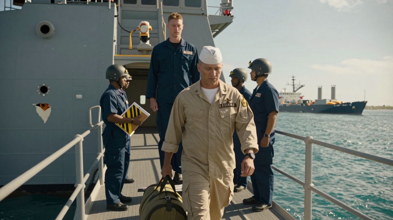 Marinheiros com uniformes a bordo de navio, um deles caminha com mala em passadiço sobre o mar.