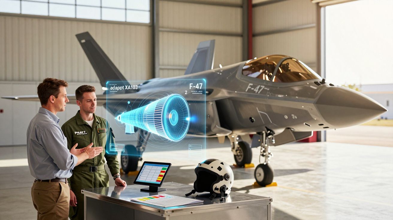 Dois homens discutem dados digitais de motor de avião de caça F-47 na frente de jet estacionado em hangar.