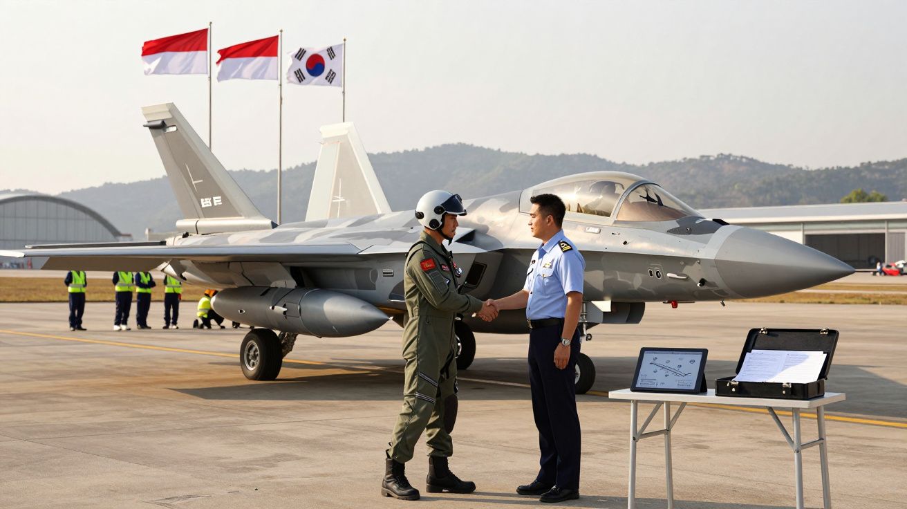 Dois militares cumprimentam-se em frente a um caça estacionado numa pista de aeroporto, com bandeiras ao fundo.