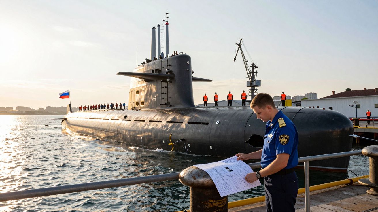 Homem em uniforme naval consulta mapas junto a um submarino preto ancorado ao pôr do sol.