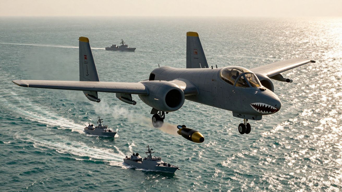 Avião militar a lançar torpedo sobre o mar com oito navios de guerra em navegação ao fundo.