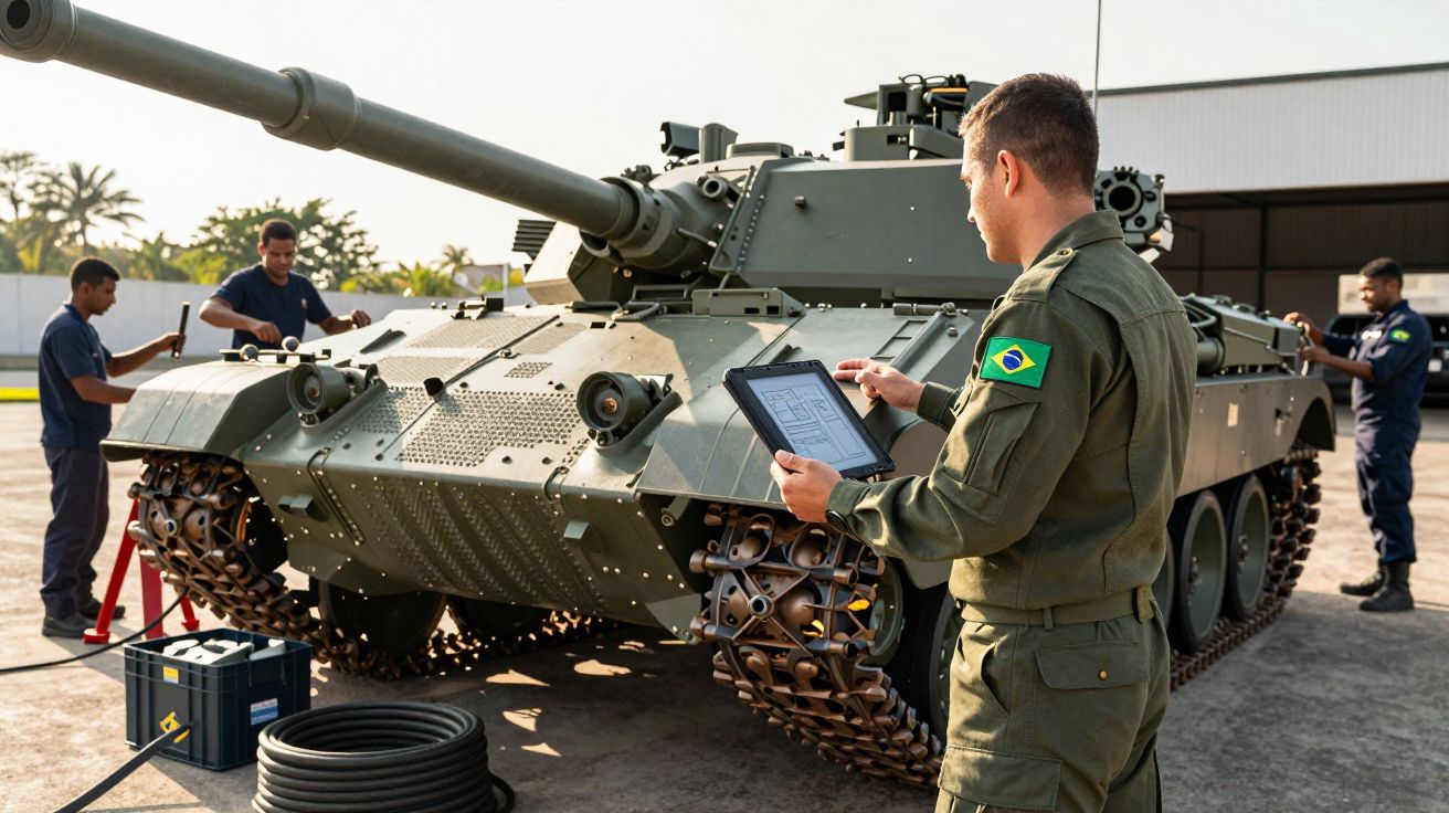 Militares brasileiros em manutenção e inspeção de um tanque de guerra no exterior de um edifício.