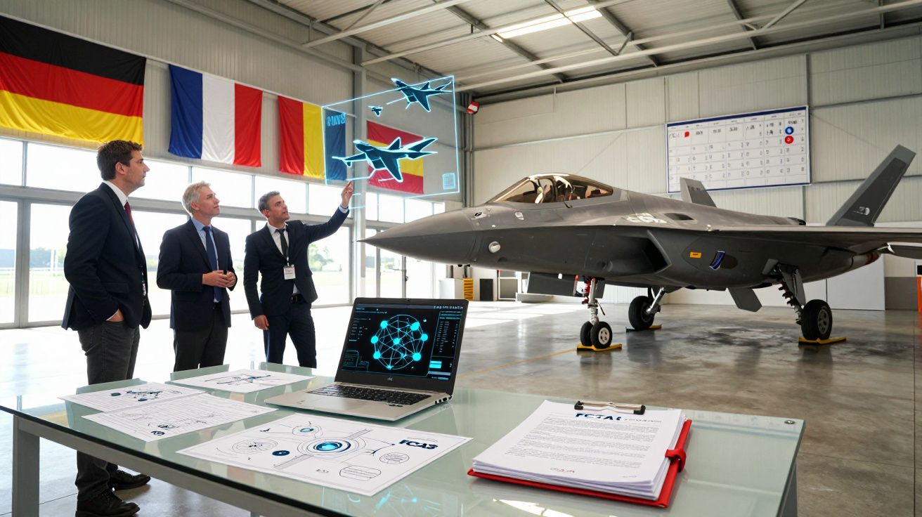 Três homens em fato junto a jato militar, analisando holograma com desenhos de aviões numa base aérea.