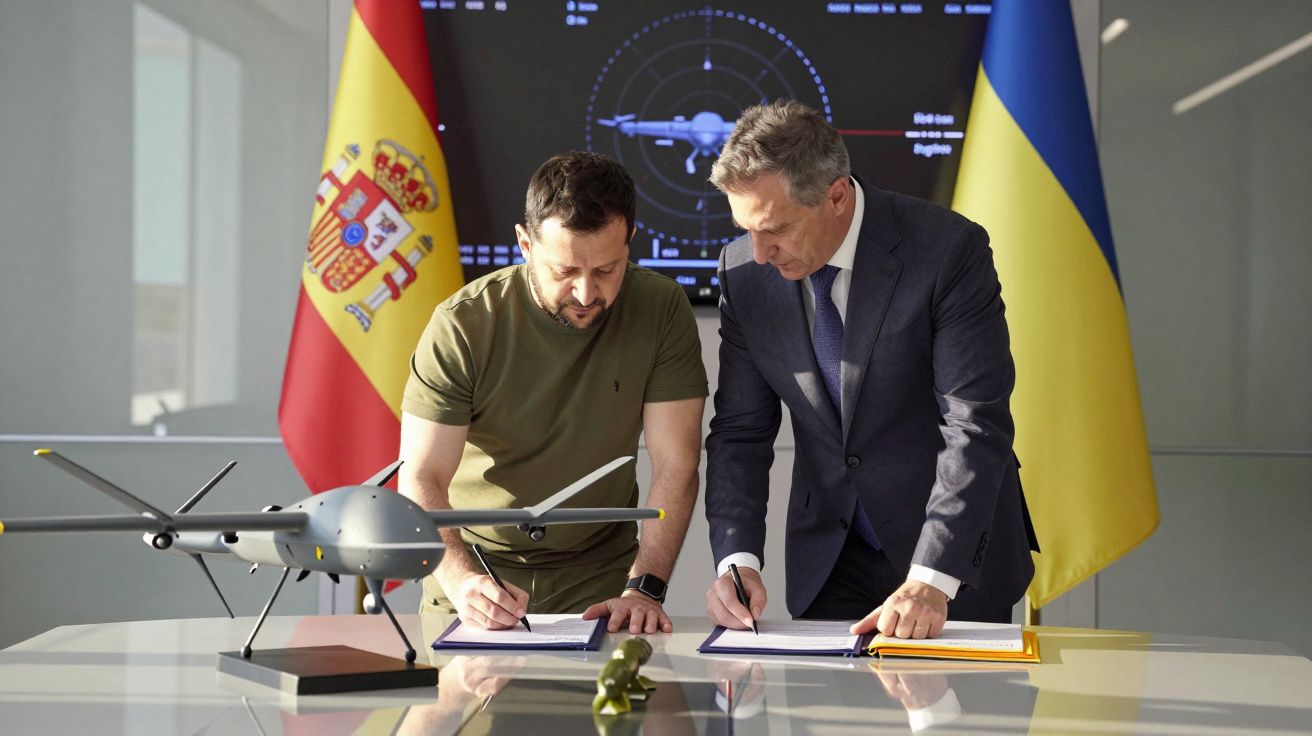 Dois homens em traje formal e casual assinam documentos com modelos de drón e bandeiras da Espanha e Ucrânia ao fundo.