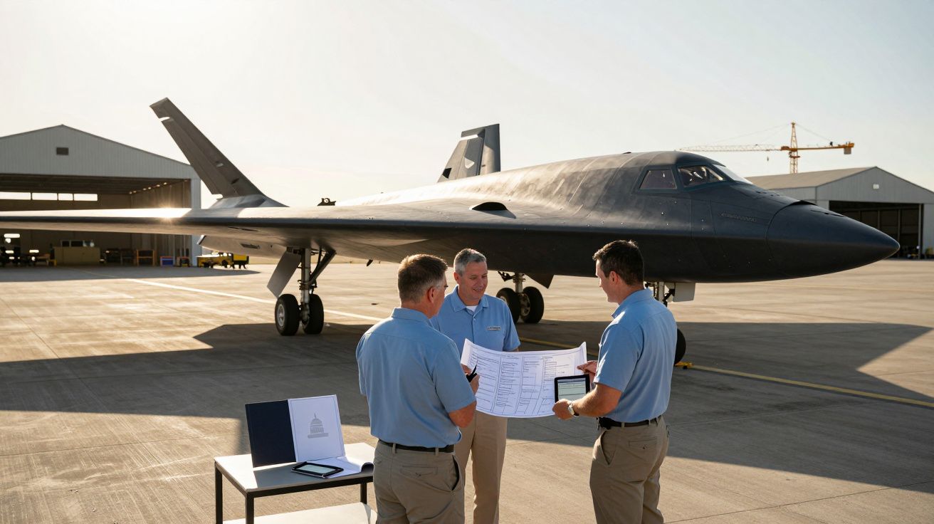 Três homens em uniforme azul discutem um plano junto a uma mesa, com um avião militar preto ao fundo num aeroporto.