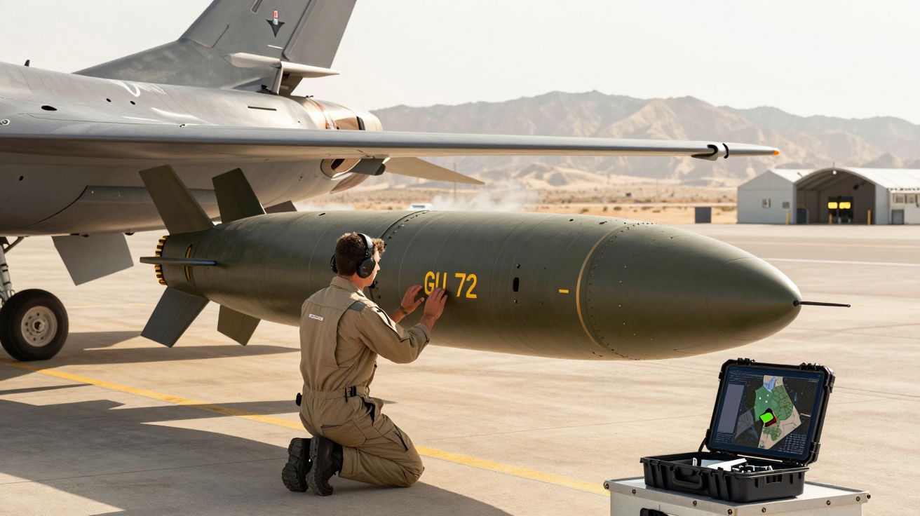 Técnico militar verifica míssil instalado em avião de combate num aeroporto desértico.