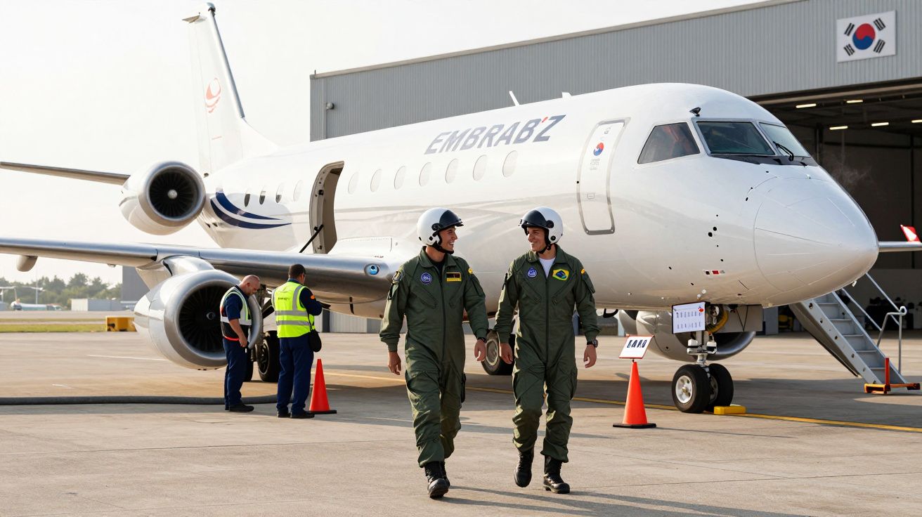 Dois pilotos brasileiros em fatos de voo caminham junto a um jato da Embraer em aeroporto com atividades no chão.