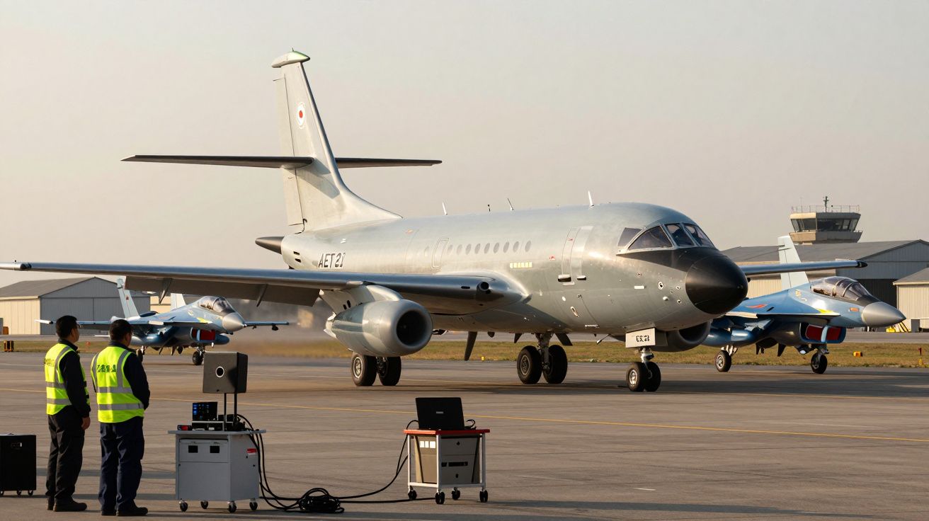 Avião militar cinzento a estacionar em pista, com dois técnicos e dois jatos de caça ao fundo.