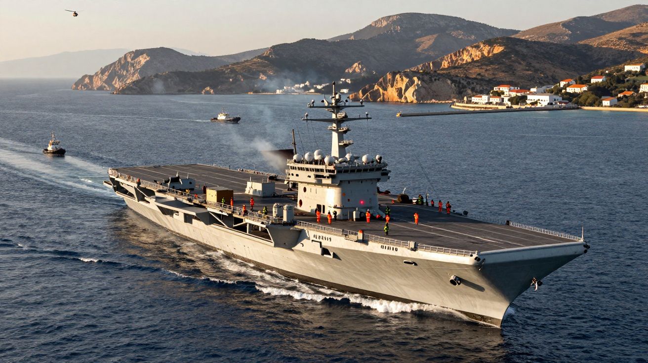 Porta-aviões em mar aberto com montanhas e costa ao fundo, acompanhado por barcos menores.