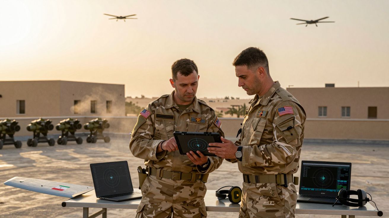 Dois soldados em uniforme camuflado operam tablet num telhado com drones e computadores ao fundo ao pôr do sol.