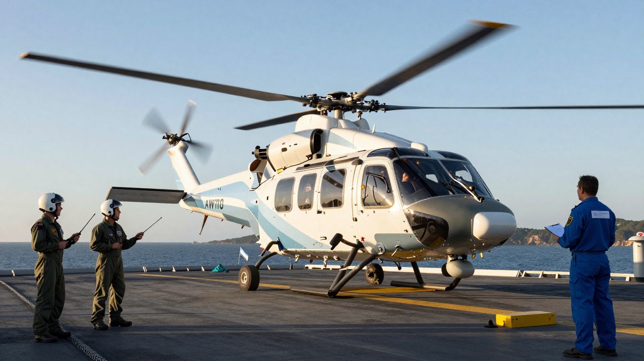 Helicóptero branco prestes a descolar em convés de navio com três militares em uniforme verde e azul.