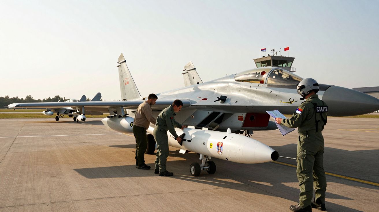 Três militares junto a um avião de combate a preparar mísseis numa pista de aeroporto militar.