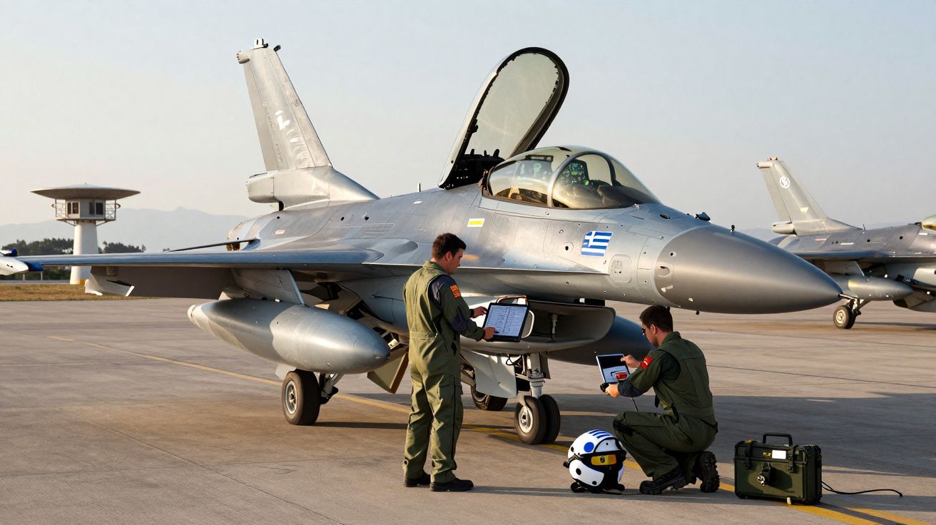 Dois pilotos em fato de voo operam um jato F-16 da Força Aérea grega numa pista de aeroporto durante o dia.