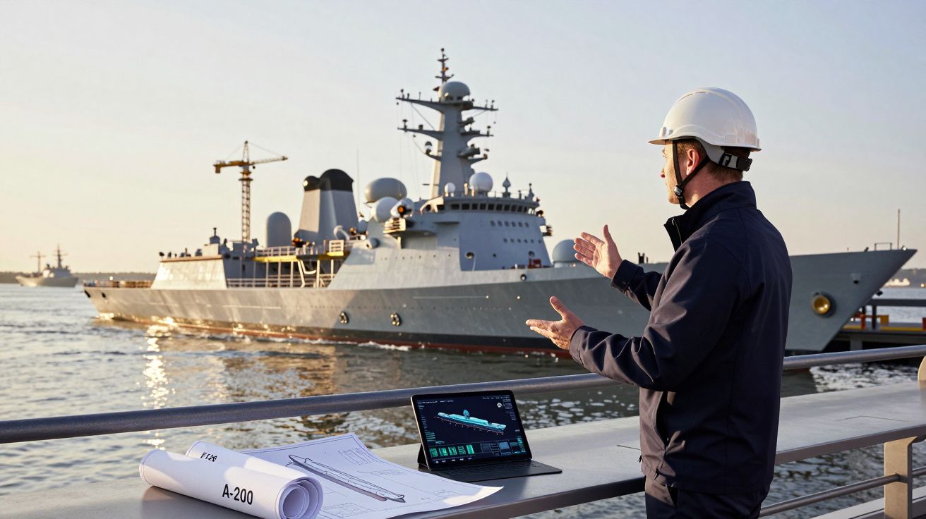 Homem com capacete de segurança observa e controla navio militar grande a partir de um cais com plantas e ecrã digital.