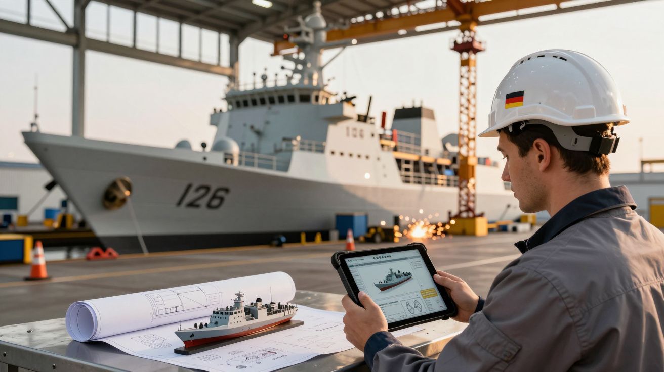 Engenheiro naval com capacete a analisar projeto digital de navio num tablet, com modelo físico e navio real ao fundo.