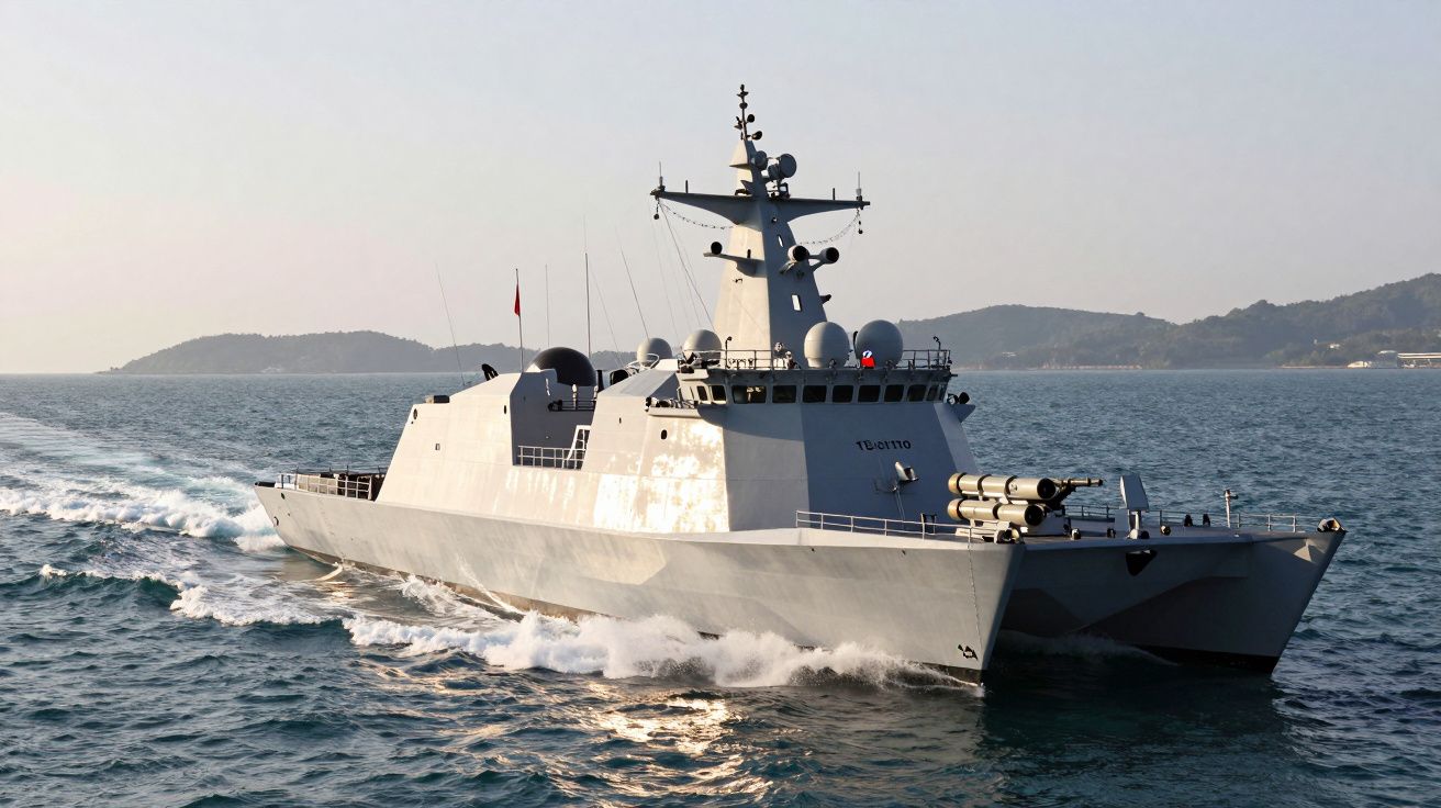 Navio de guerra moderno a alta velocidade no mar com montanhas ao fundo em dia solarengo.