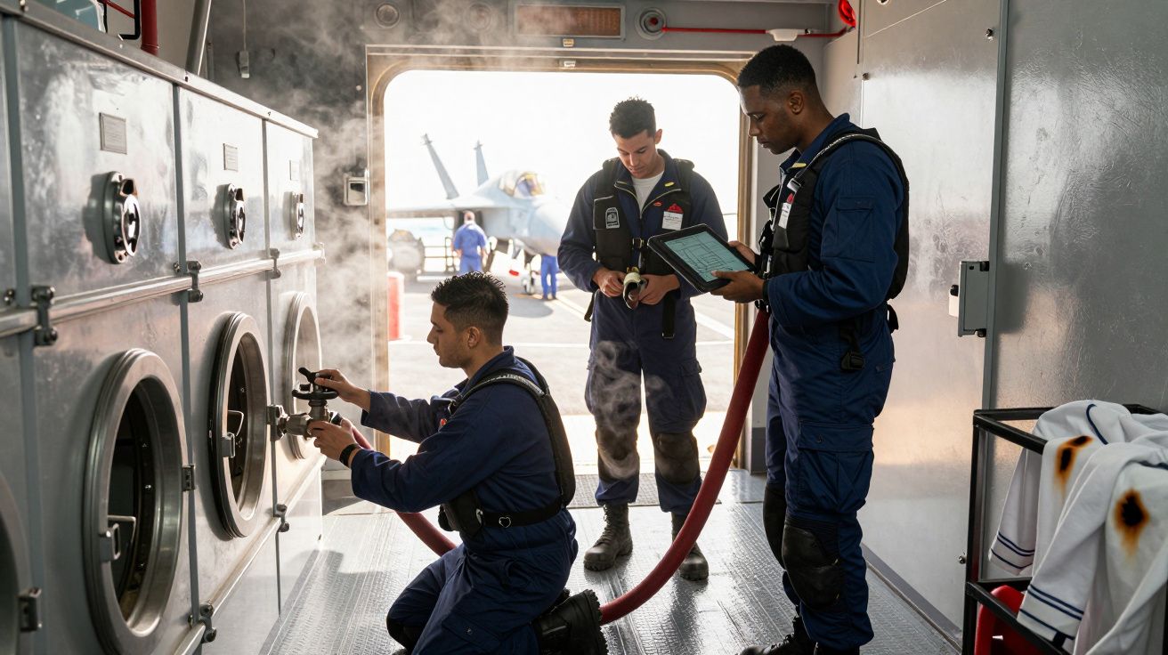 Três homens com uniforme azul trabalham com mangueiras e tablets numa instalação industrial junto a um avião militar.