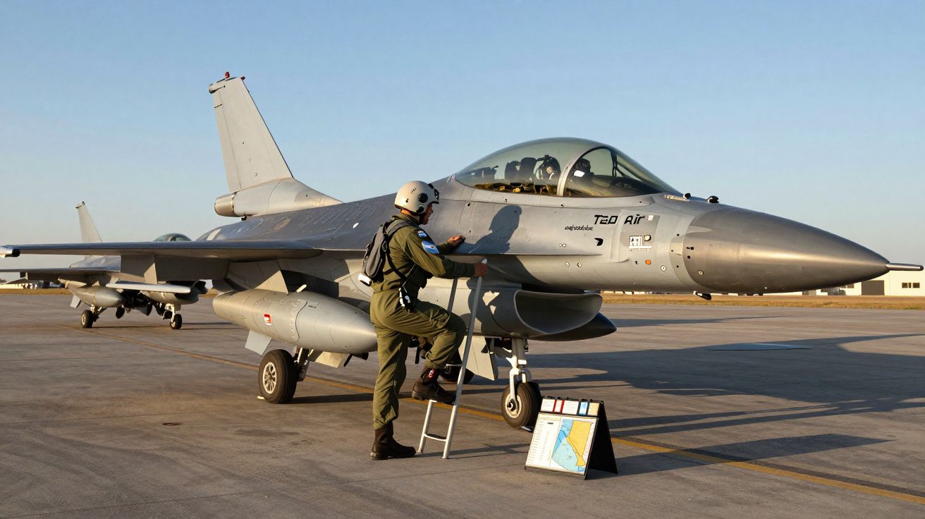 Piloto em fato verde a subir para um caça F-16 estacionado numa pista de aeroportos ao pôr do sol.