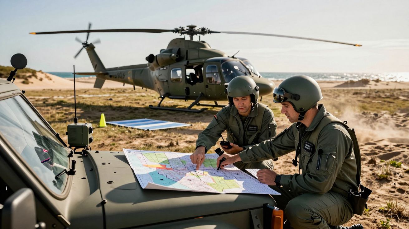 Dois militares em uniforme e capacete consultam um mapa sobre uma viatura militar com um helicóptero ao fundo na praia.