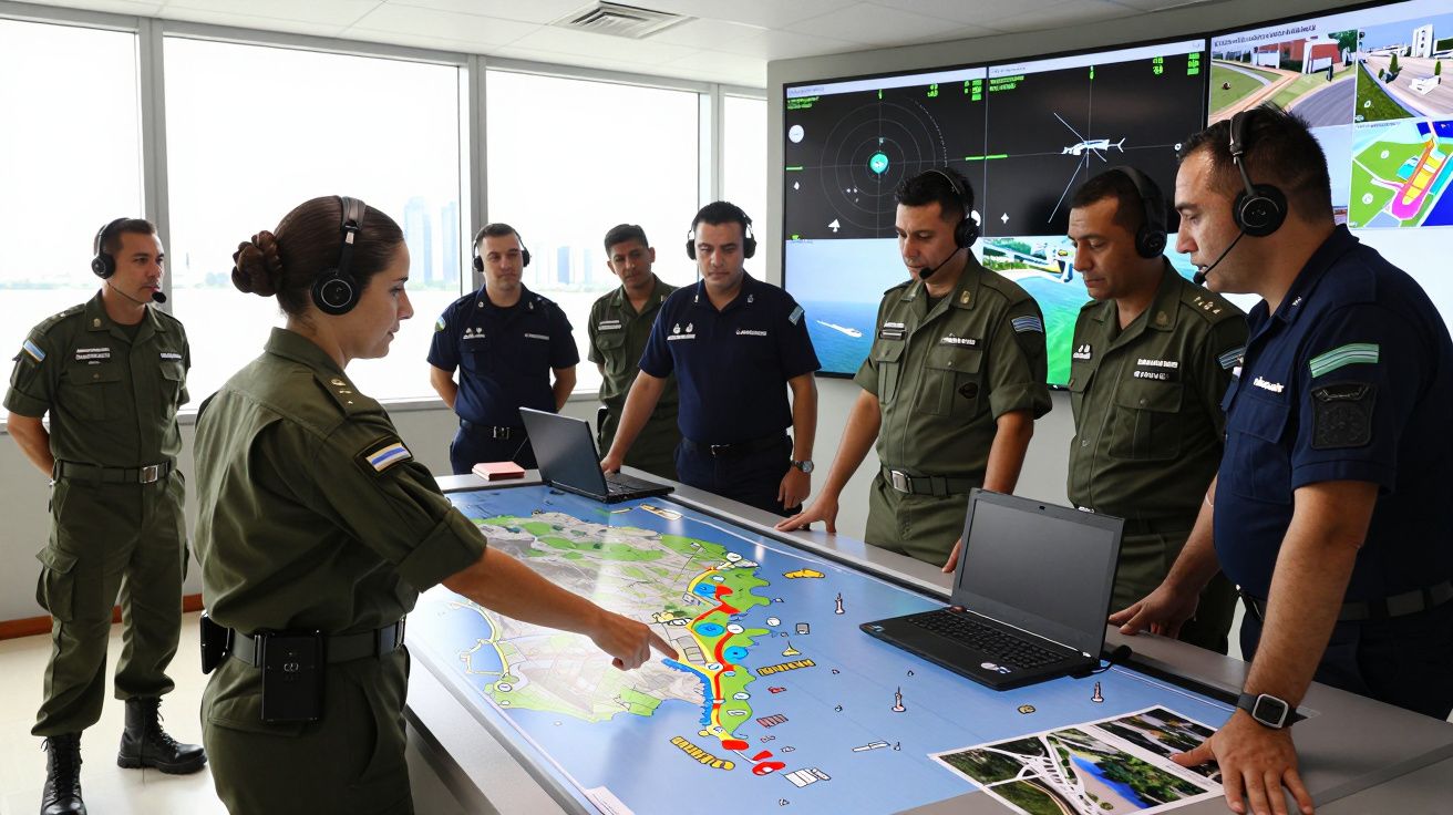 Equipa militar em uniforme analisa mapa digital numa mesa interativa com monitores ao fundo numa sala moderna.