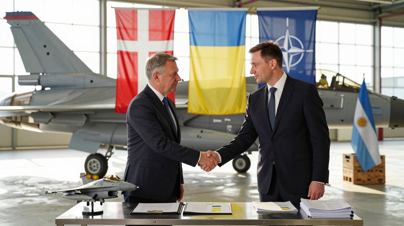 Dois homens de fato formal apertam as mãos em frente a um jato de combate, com bandeiras da Dinamarca, Ucrânia, NATO e Argent