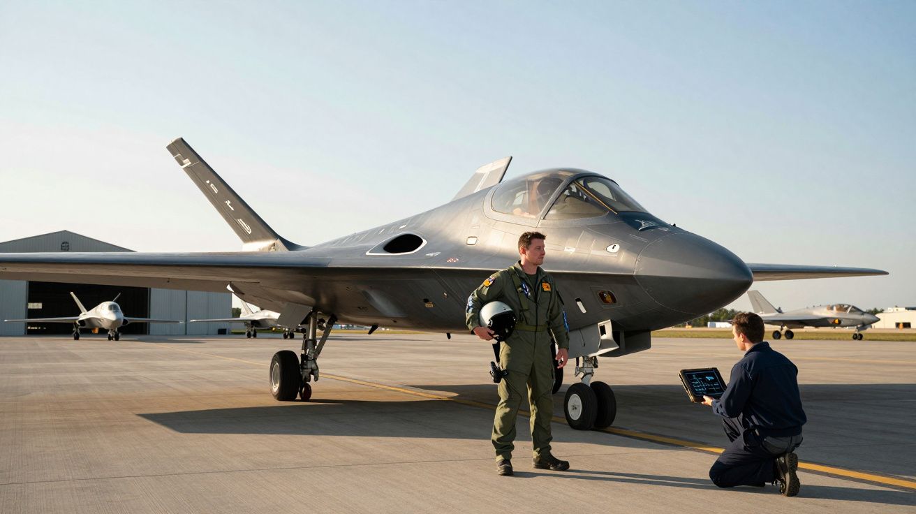 Piloto e técnico ao lado de avião militar furtivo estacionado numa pista de aeroporto ao entardecer.