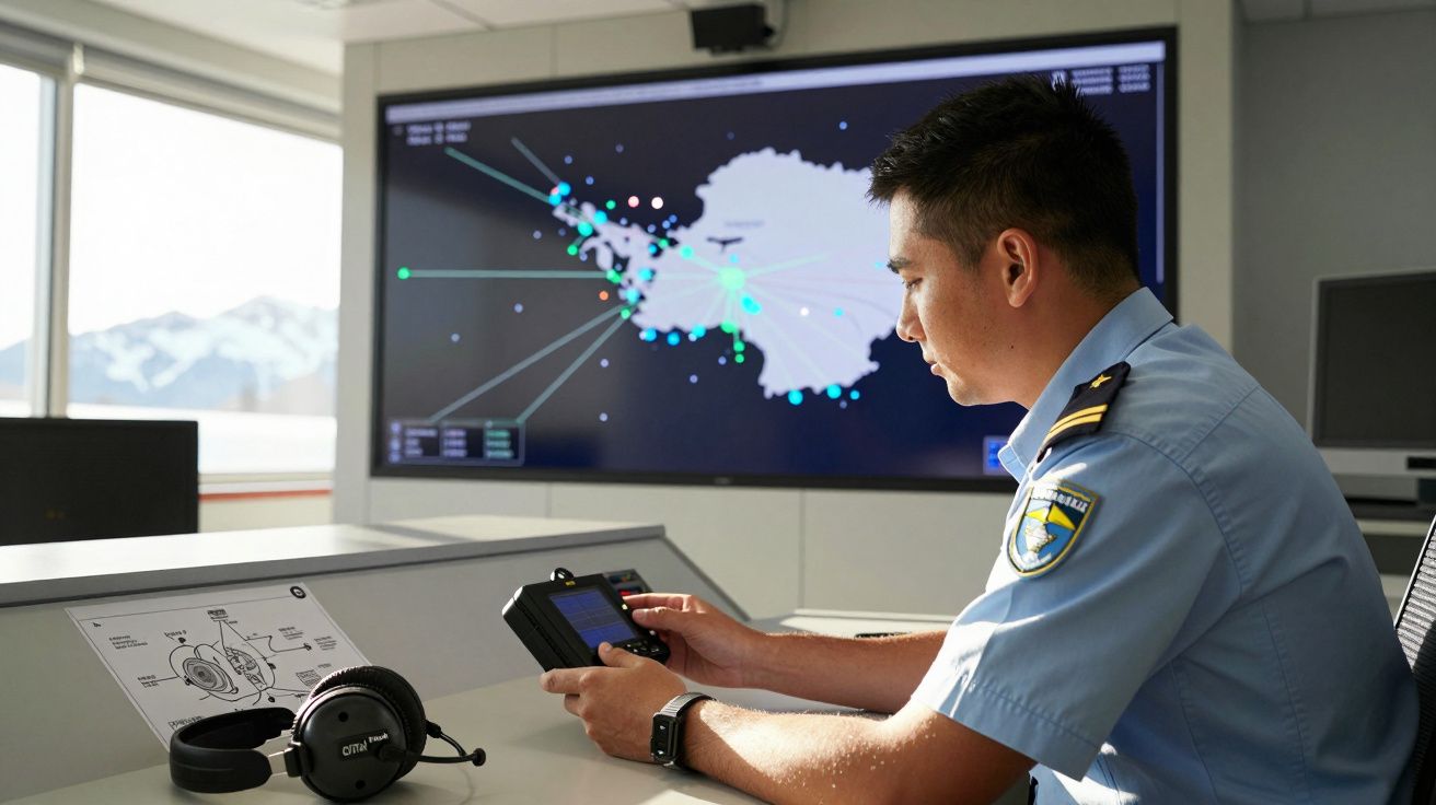 Homem em uniforme naval analisa equipamentos numa sala de controlo com monitor grande a mostrar mapas e dados.