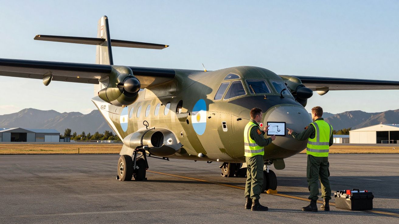 Avião militar estacionado no aeroporto com dois soldados em coletes refletivos a analisar um tablet.