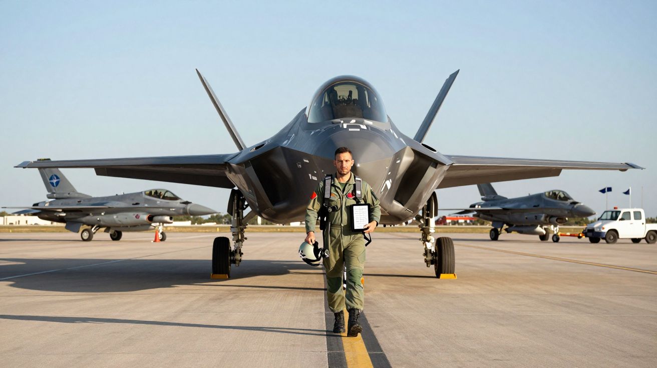 Piloto militar de macacão verde caminha em pista diante de jato de combate F-35 e dois F-16 estacionados ao fundo.