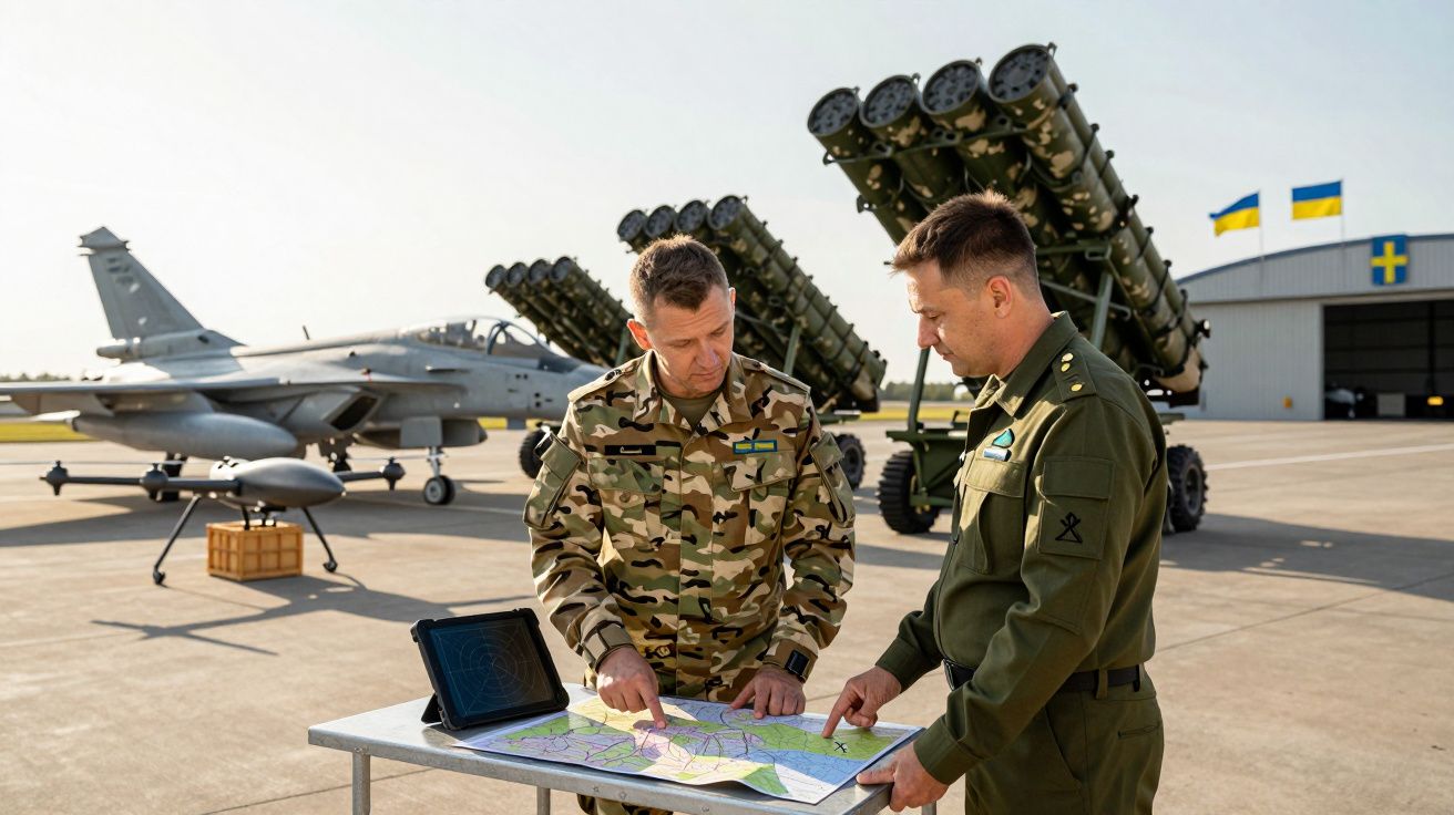 Dois militares analisam mapas sobre uma mesa no exterior de uma base aérea com aviões e mísseis ao fundo.