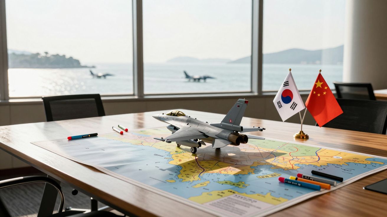Modelo de avião militar sobre mapa geopolitico com bandeiras da Coreia do Sul e China num escritório com vista ao mar.